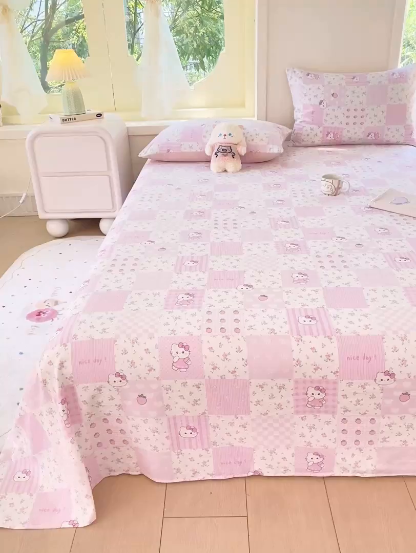 91家纺网 家纺一手货源 找家纺 朵朵家纺 2025新款双层纱单床单床单三件套（可定制尺寸） KT花园