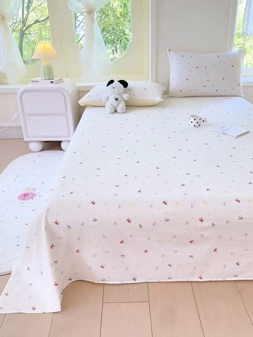 91家纺网 家纺一手货源 找家纺 朵朵家纺 2025新款双层纱单床单床单三件套（可定制尺寸） 奶油蝴蝶结