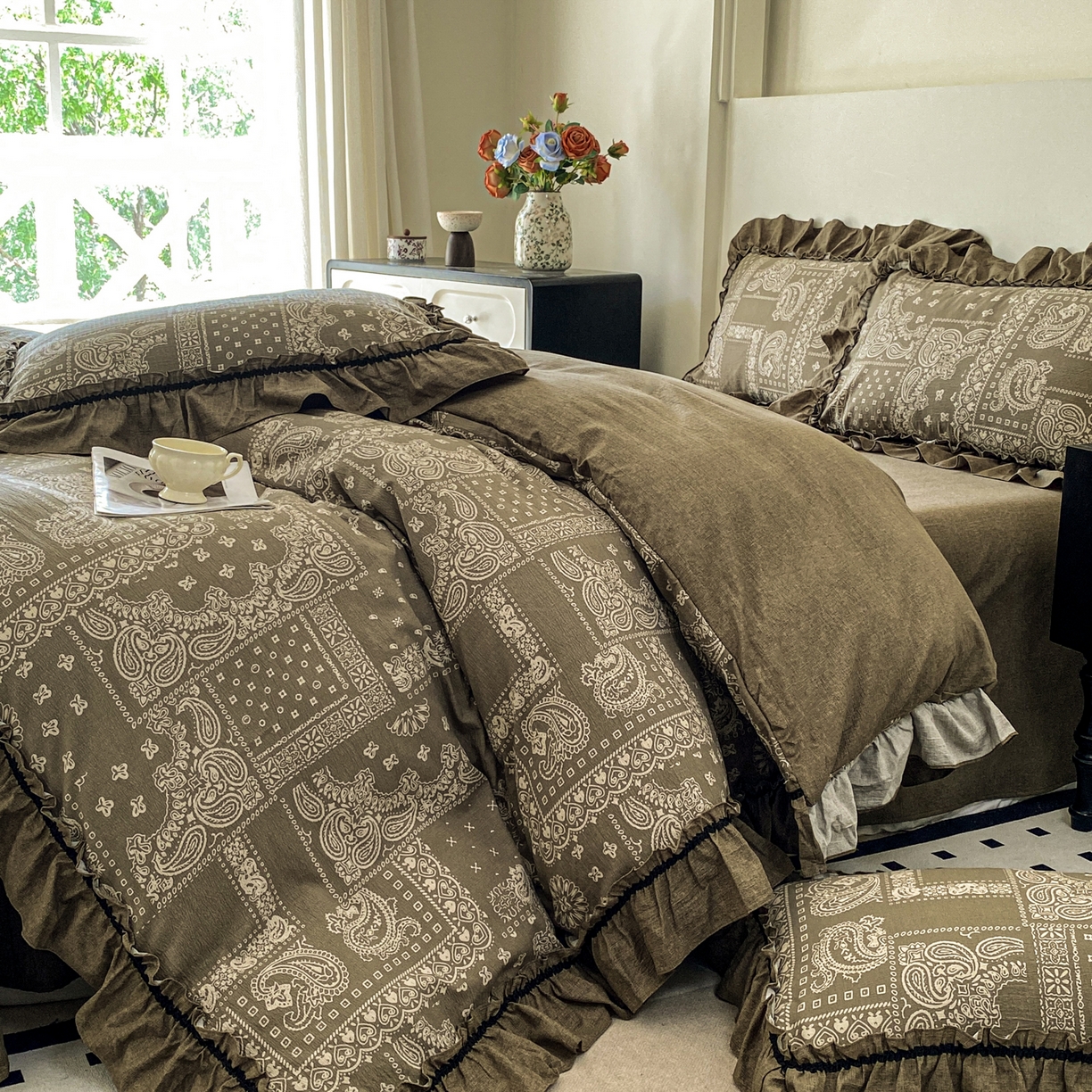 91家纺网 家纺一手货源 找家纺 梦纤绒 2025新款复古风亚麻原麻花边四件套 绿野仙踪