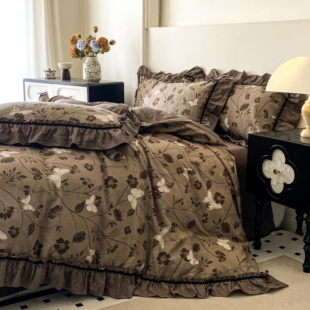 91家纺网 家纺一手货源 找家纺 （总）梦纤绒 2025新款复古风亚麻原麻花边四件套