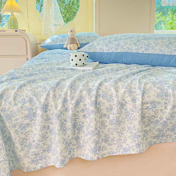 91家纺网 家纺一手货源 找家纺 朵朵家纺 2025新款双层纱单床单床单三件套（可定制尺寸） 蓝色花园