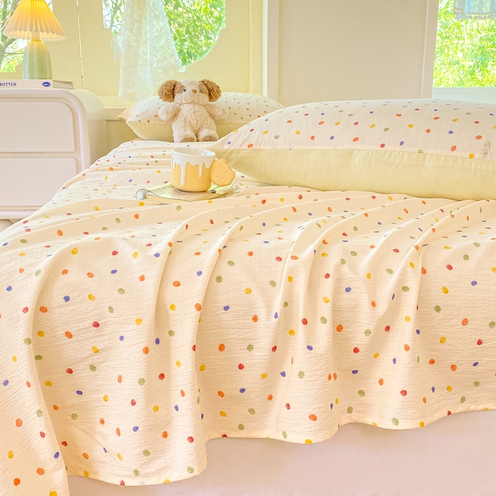 91家纺网 家纺一手货源 找家纺 朵朵家纺 2025新款双层纱单床单床单三件套（可定制尺寸） 幻彩波点