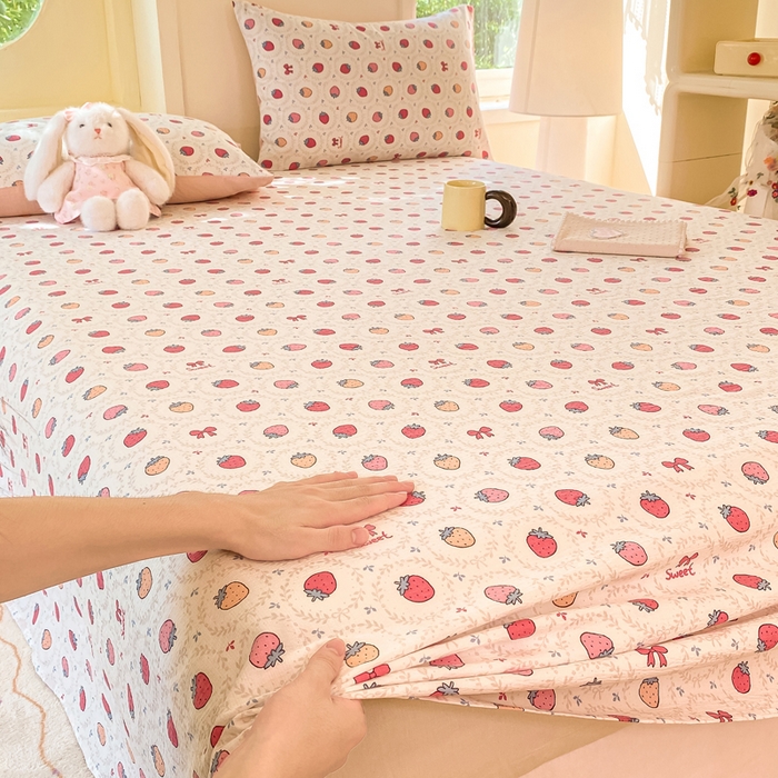 91家纺网 家纺一手货源 找家纺 朵朵家纺 2025新款双层纱单床单床单三件套（可定制尺寸） 甜心草莓
