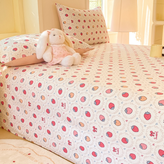 91家纺网 家纺一手货源 找家纺 朵朵家纺 2025新款双层纱单床单床单三件套（可定制尺寸） 甜心草莓