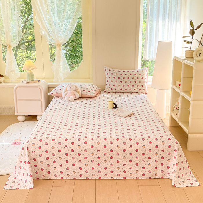 91家纺网 家纺一手货源 找家纺 朵朵家纺 2025新款双层纱单床单床单三件套（可定制尺寸） 甜心草莓