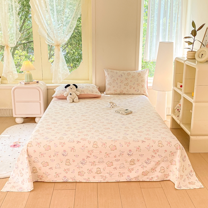 91家纺网 家纺一手货源 找家纺 朵朵家纺 2025新款双层纱单床单床单三件套（可定制尺寸） 花眠咪咪