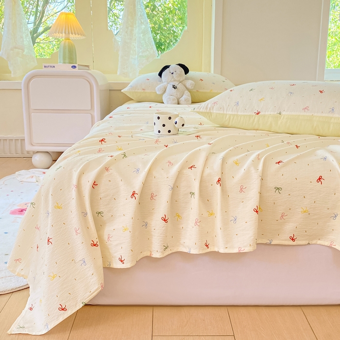 91家纺网 家纺一手货源 找家纺 朵朵家纺 2025新款双层纱单床单床单三件套（可定制尺寸） 奶油蝴蝶结