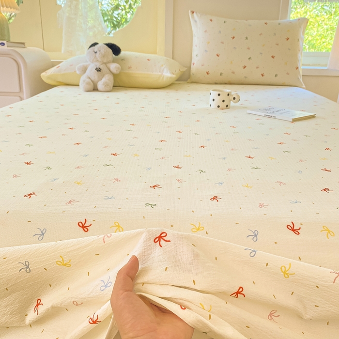 91家纺网 家纺一手货源 找家纺 朵朵家纺 2025新款双层纱单床单床单三件套（可定制尺寸） 奶油蝴蝶结