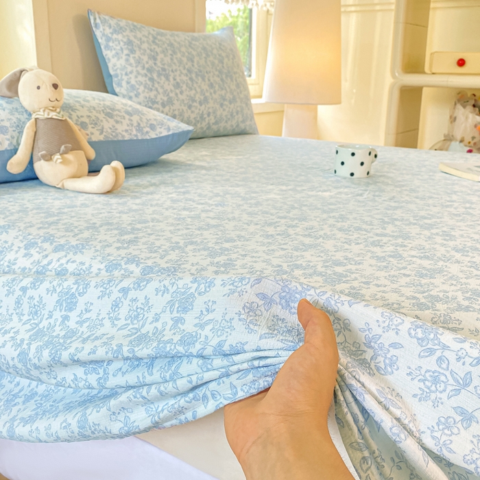 91家纺网 家纺一手货源 找家纺 朵朵家纺 2025新款双层纱单床单床单三件套（可定制尺寸） 蓝色花园