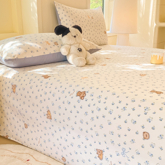 91家纺网 家纺一手货源 找家纺 朵朵家纺 2025新款双层纱单床单床单三件套（可定制尺寸） 花町小能蓝