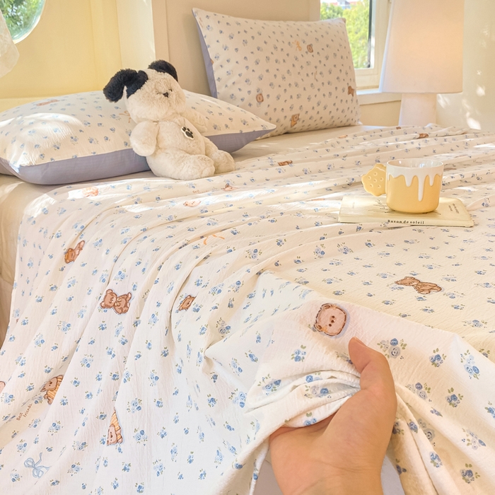 91家纺网 家纺一手货源 找家纺 朵朵家纺 2025新款双层纱单床单床单三件套（可定制尺寸） 花町小能蓝