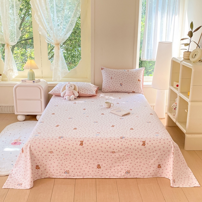 91家纺网 家纺一手货源 找家纺 朵朵家纺 2025新款双层纱单床单床单三件套（可定制尺寸） 花町小能粉