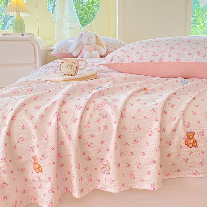 91家纺网 家纺一手货源 找家纺 朵朵家纺 2025新款双层纱单床单床单三件套（可定制尺寸） 花町小能粉