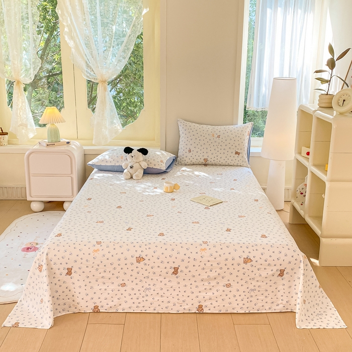 91家纺网 家纺一手货源 找家纺 朵朵家纺 2025新款双层纱单床单床单三件套（可定制尺寸） 花町小能蓝