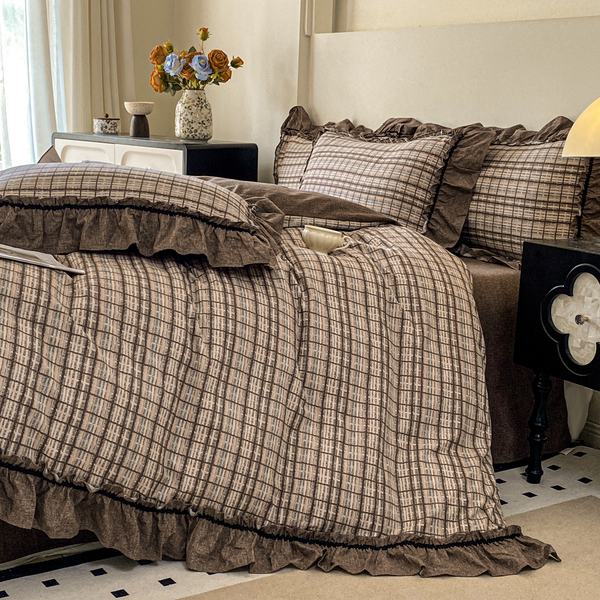 91家纺网 家纺一手货源 找家纺 梦纤绒 2025新款复古风亚麻原麻花边四件套 格韵