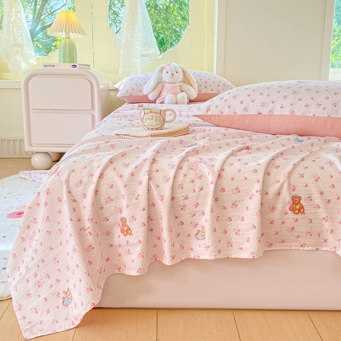 91家纺网 家纺一手货源 找家纺 朵朵家纺 2025新款双层纱单床单床单三件套（可定制尺寸） 花町小能粉