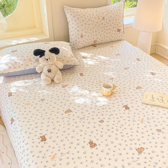 91家纺网 家纺一手货源 找家纺 朵朵家纺 2025新款双层纱单床单床单三件套（可定制尺寸） 花町小能蓝