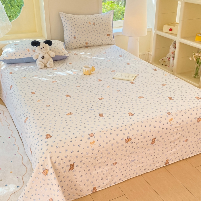 91家纺网 家纺一手货源 找家纺 朵朵家纺 2025新款双层纱单床单床单三件套（可定制尺寸） 花町小能蓝