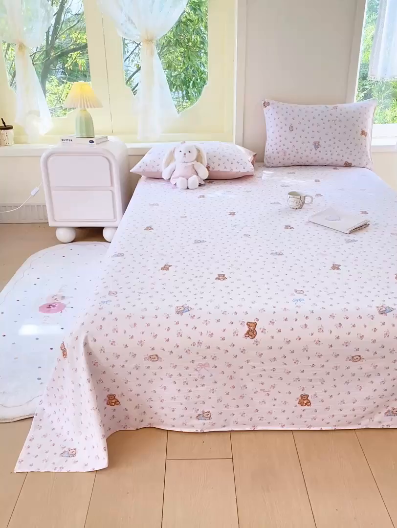 91家纺网 家纺一手货源 找家纺 朵朵家纺 2025新款双层纱单床单床单三件套（可定制尺寸） 花町小能粉