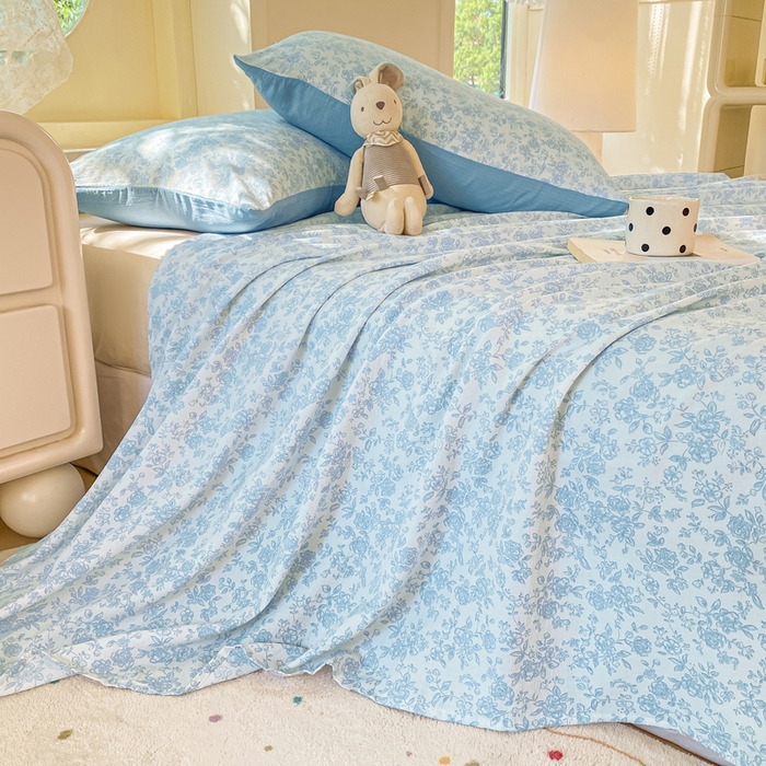 朵朵家纺 2025新款双层纱单床单床单三件套（可定制尺寸） 蓝色花园