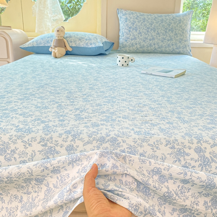 91家纺网 家纺一手货源 找家纺 朵朵家纺 2025新款双层纱单床单床单三件套（可定制尺寸） 蓝色花园