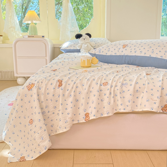 91家纺网 家纺一手货源 找家纺 朵朵家纺 2025新款双层纱单床单床单三件套（可定制尺寸） 花町小能蓝