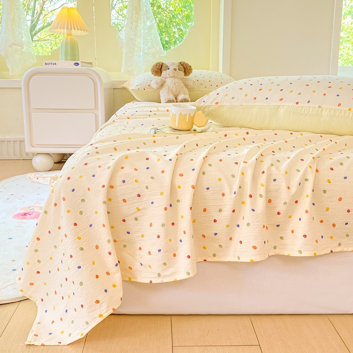 91家纺网 家纺一手货源 找家纺 朵朵家纺 2025新款双层纱单床单床单三件套（可定制尺寸） 幻彩波点