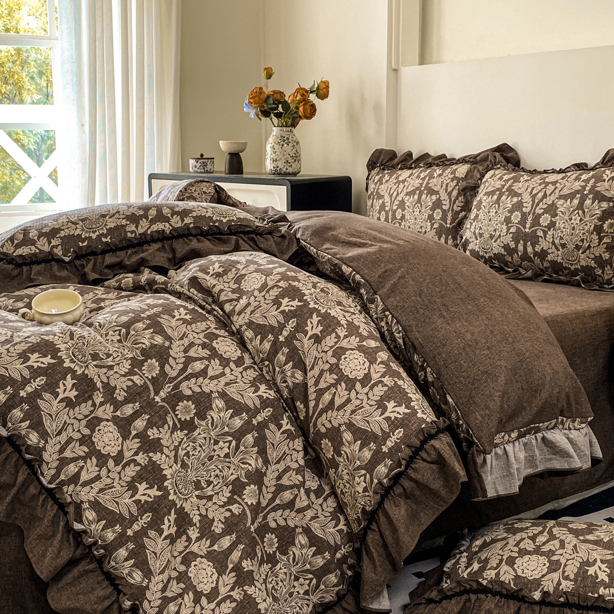 91家纺网 家纺一手货源 找家纺 梦纤绒 2025新款复古风亚麻原麻花边四件套 秋海棠