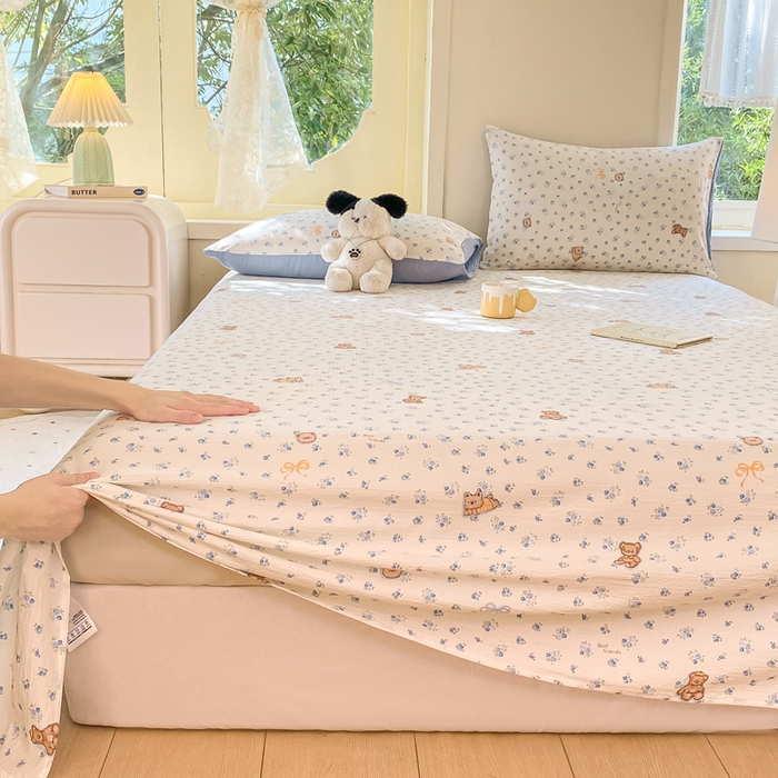 91家纺网 家纺一手货源 找家纺 朵朵家纺 2025新款双层纱单床单床单三件套（可定制尺寸） 花町小能蓝