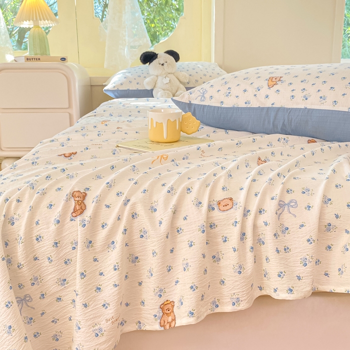 91家纺网 家纺一手货源 找家纺 朵朵家纺 2025新款双层纱单床单床单三件套（可定制尺寸） 花町小能蓝