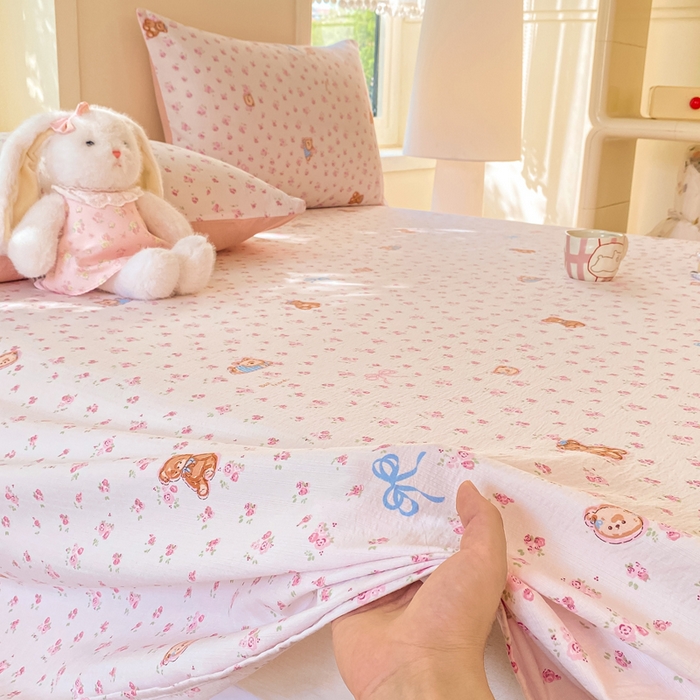 91家纺网 家纺一手货源 找家纺 朵朵家纺 2025新款双层纱单床单床单三件套（可定制尺寸） 花町小能粉