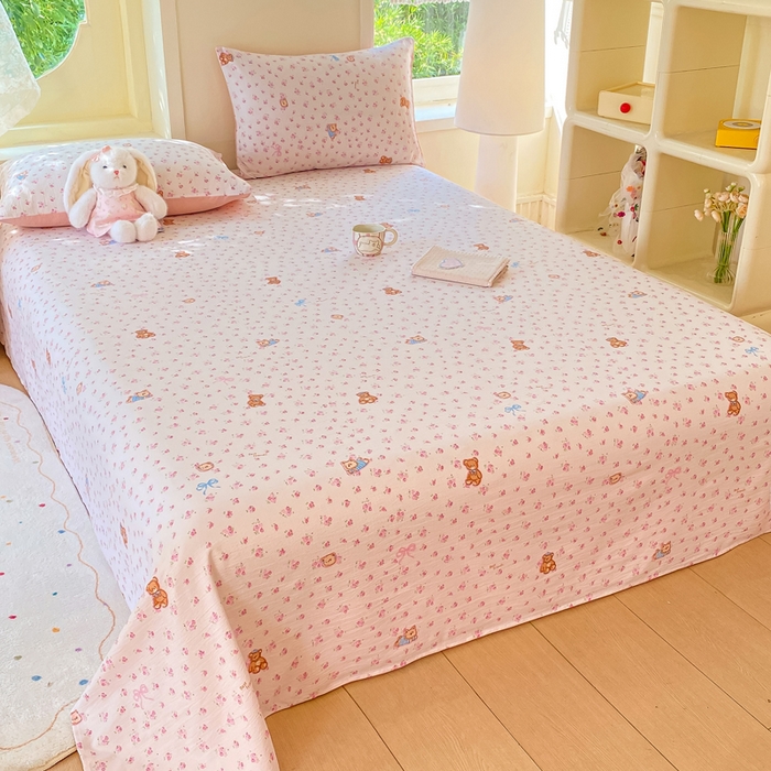 91家纺网 家纺一手货源 找家纺 朵朵家纺 2025新款双层纱单床单床单三件套（可定制尺寸） 花町小能粉