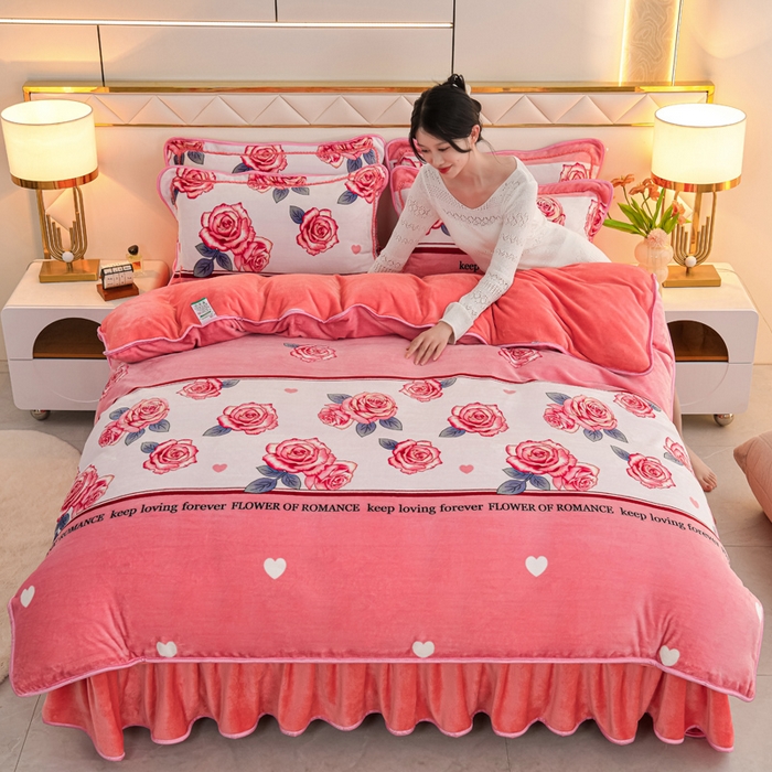 91家纺网 家纺一手货源 找家纺 眠多宝 2025新款8-9斤高克重牛奶绒四件套法莱绒水晶绒金貂绒抖音快手直播热款 爱意满满