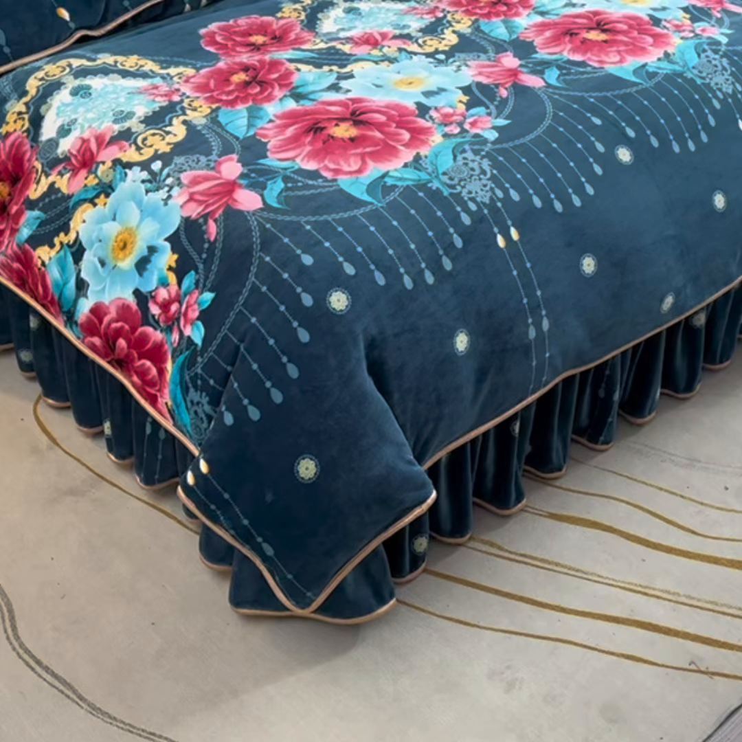 91家纺网 家纺一手货源 找家纺 眠多宝 2025新款8-9斤高克重牛奶绒四件套法莱绒水晶绒金貂绒抖音快手直播热款 富贵袭人