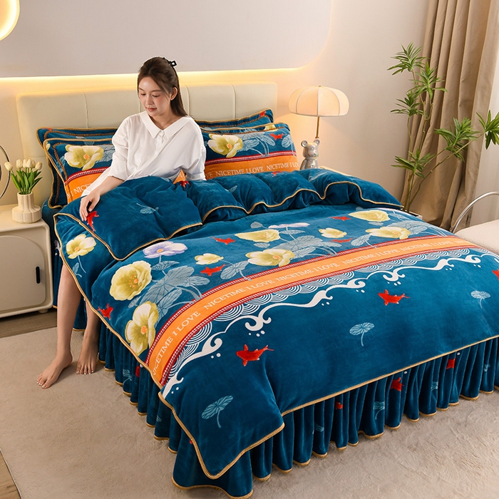 眠多宝 2025新款8-9斤高克重牛奶绒四件套法莱绒水晶绒金貂绒抖音快手直播热款 荷塘月色