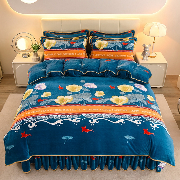 91家纺网 家纺一手货源 找家纺 眠多宝 2025新款8-9斤高克重牛奶绒四件套法莱绒水晶绒金貂绒抖音快手直播热款 荷塘月色