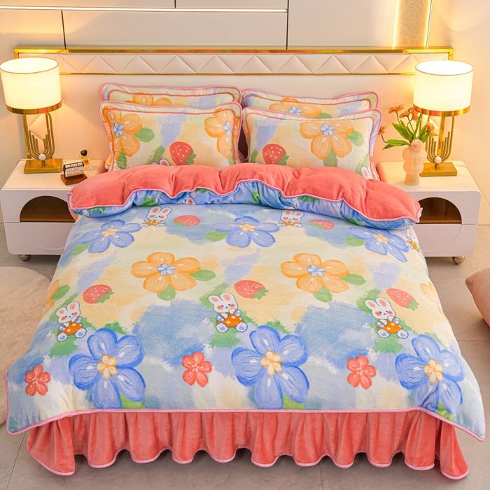 91家纺网 家纺一手货源 找家纺 眠多宝 2025新款8-9斤高克重牛奶绒四件套法莱绒水晶绒金貂绒抖音快手直播热款 花园小兔