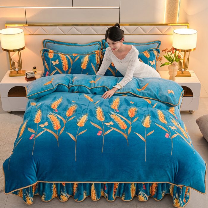 91家纺网 家纺一手货源 找家纺 眠多宝 2025新款8-9斤高克重牛奶绒四件套法莱绒水晶绒金貂绒抖音快手直播热款 金麦穗