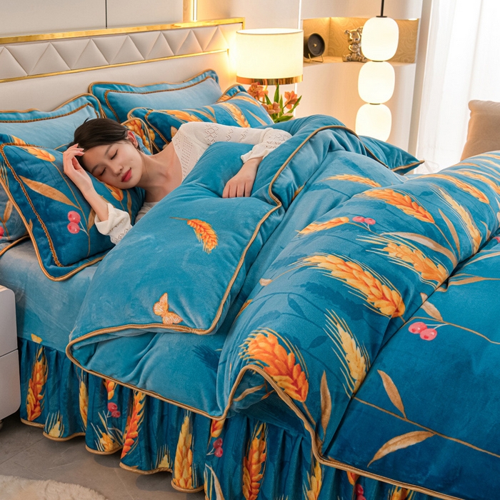 91家纺网 家纺一手货源 找家纺 眠多宝 2025新款8-9斤高克重牛奶绒四件套法莱绒水晶绒金貂绒抖音快手直播热款 金麦穗