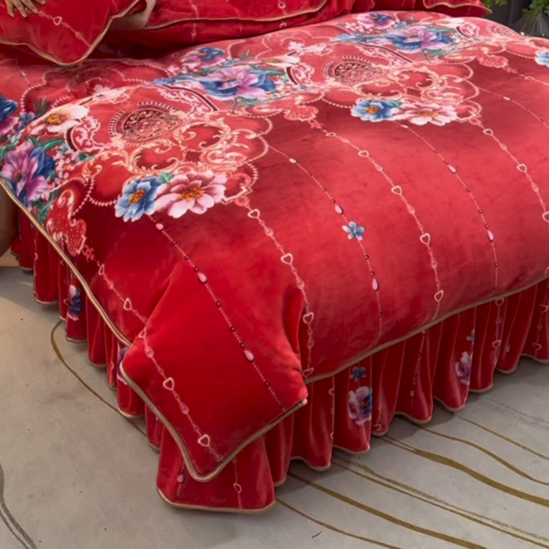 91家纺网 家纺一手货源 找家纺 眠多宝 2025新款8-9斤高克重牛奶绒四件套法莱绒水晶绒金貂绒抖音快手直播热款 卷珠帘