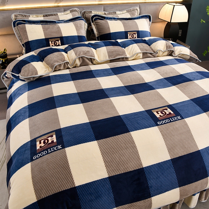 91家纺网 家纺一手货源 找家纺 眠多宝 2025新款8-9斤高克重牛奶绒四件套法莱绒水晶绒金貂绒抖音快手直播热款 蓝大格