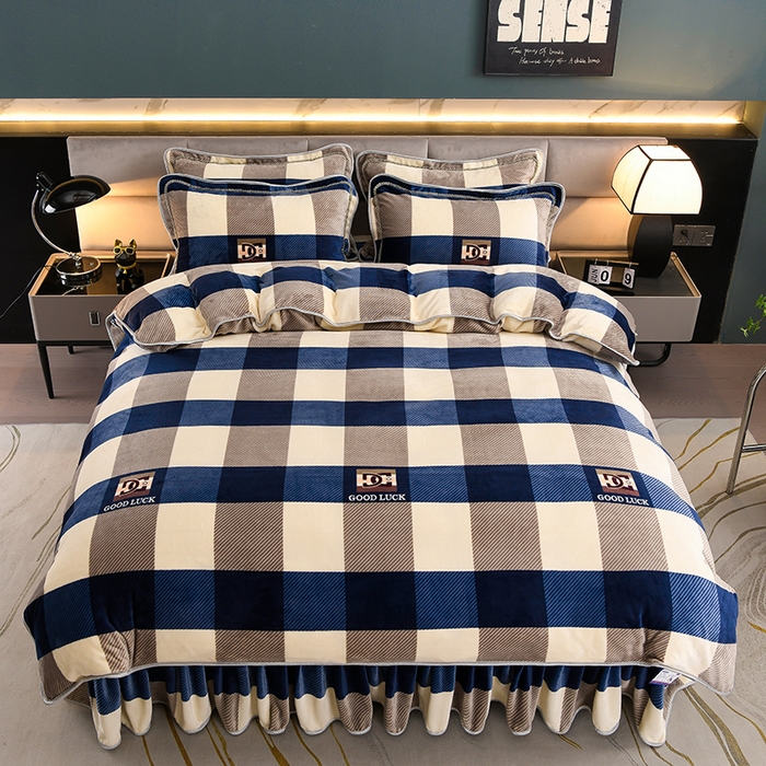 91家纺网 家纺一手货源 找家纺 眠多宝 2025新款8-9斤高克重牛奶绒四件套法莱绒水晶绒金貂绒抖音快手直播热款 蓝大格