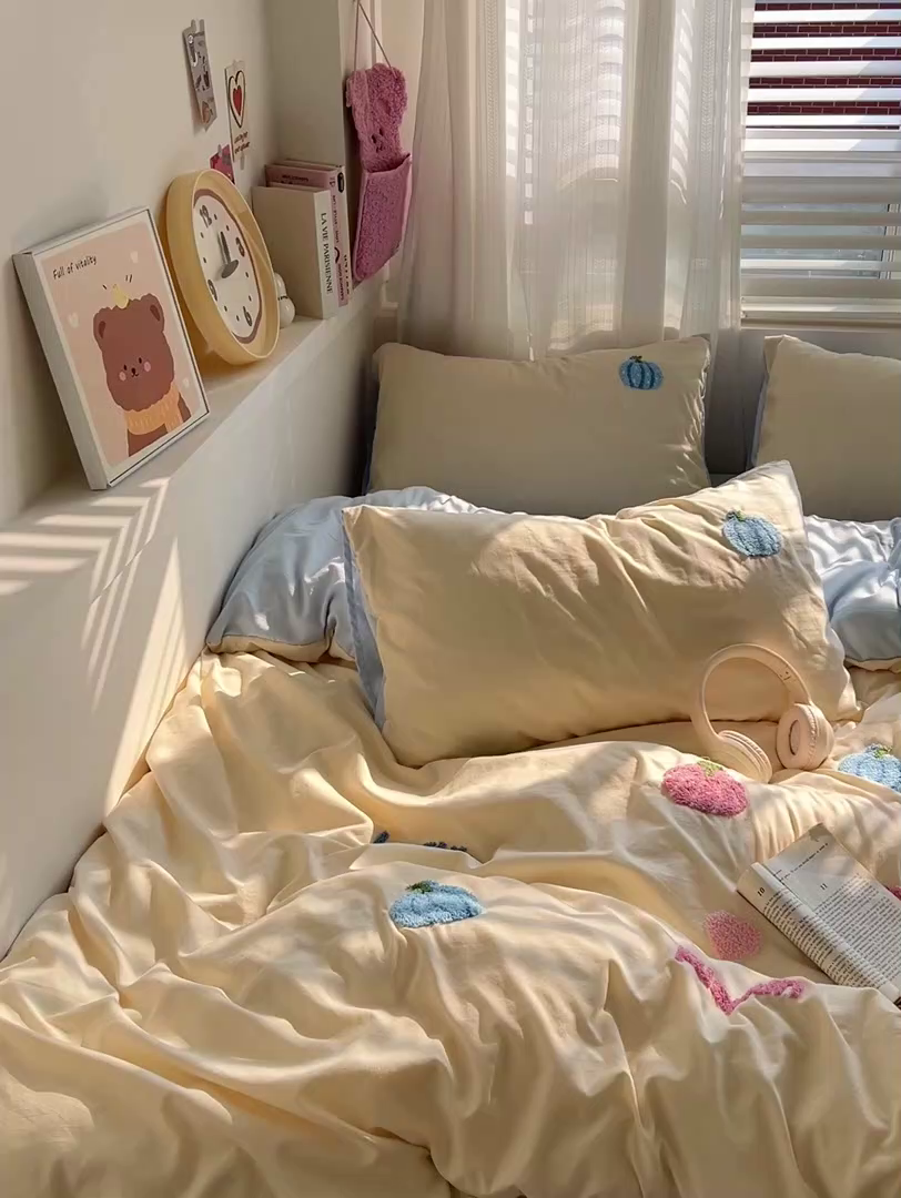 91家纺网 家纺一手货源 找家纺 （总）优选 2025新款超柔水洗棉INS小红书学生三件套毛巾绣卡通四件套【提供买家秀】