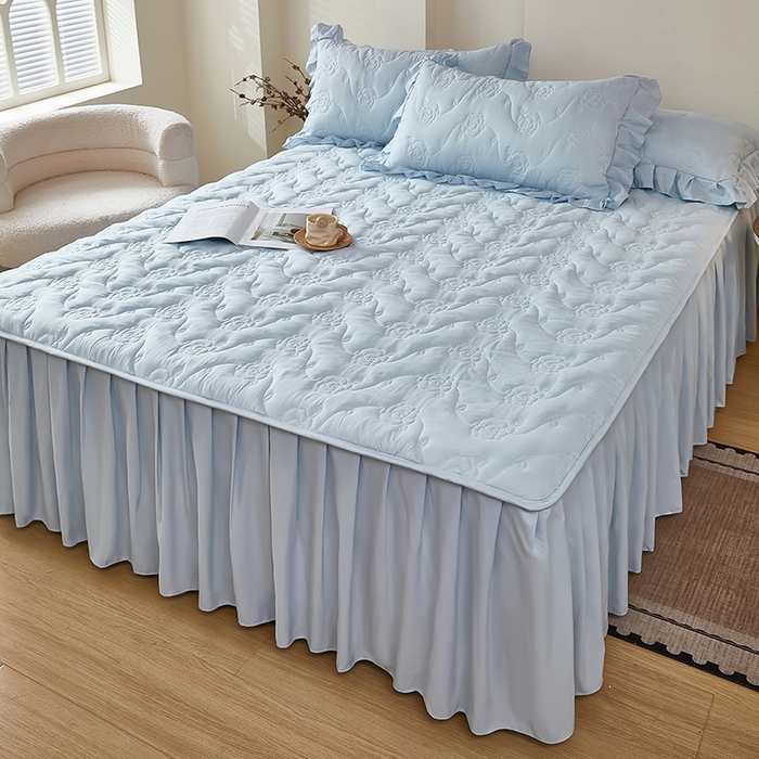 瑞兴纺 2025新款水洗磨毛夹棉床裙三件套系列-繁花 繁花-海洋蓝