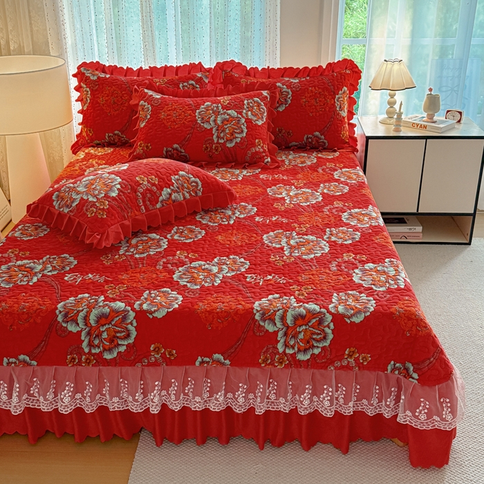 91家纺网 家纺一手货源 找家纺 绒耀 2025新款直播爆款双层蕾丝花边牛奶绒印花床盖四件套床盖单件三件套 喜上眉梢