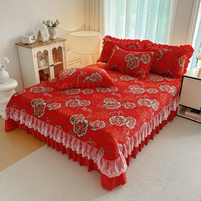 91家纺网 家纺一手货源 找家纺 绒耀 2025新款直播爆款双层蕾丝花边牛奶绒印花床盖四件套床盖单件三件套 喜上眉梢