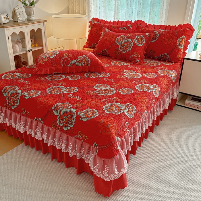 91家纺网 家纺一手货源 找家纺 绒耀 2025新款直播爆款双层蕾丝花边牛奶绒印花床盖四件套床盖单件三件套 喜上眉梢