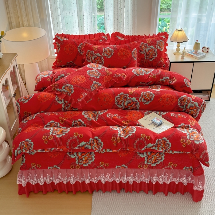 91家纺网 家纺一手货源 找家纺 绒耀 2025新款直播爆款双层蕾丝花边牛奶绒印花床盖四件套床盖单件三件套 喜上眉梢