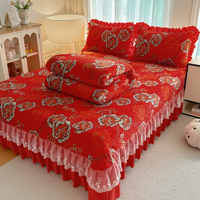 91家纺网 家纺一手货源 找家纺 绒耀 2025新款直播爆款双层蕾丝花边牛奶绒印花床盖四件套床盖单件三件套 喜上眉梢