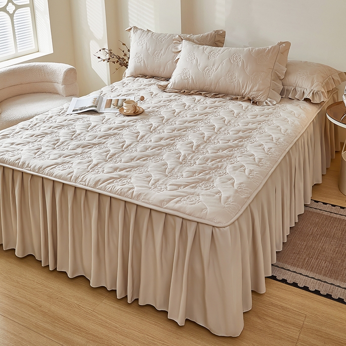 瑞兴纺 2025新款水洗磨毛夹棉床裙三件套系列-繁花 繁花-卡其色